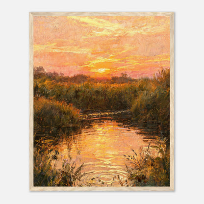 Golden Sunset over River Reflection Impressionist Art Print
