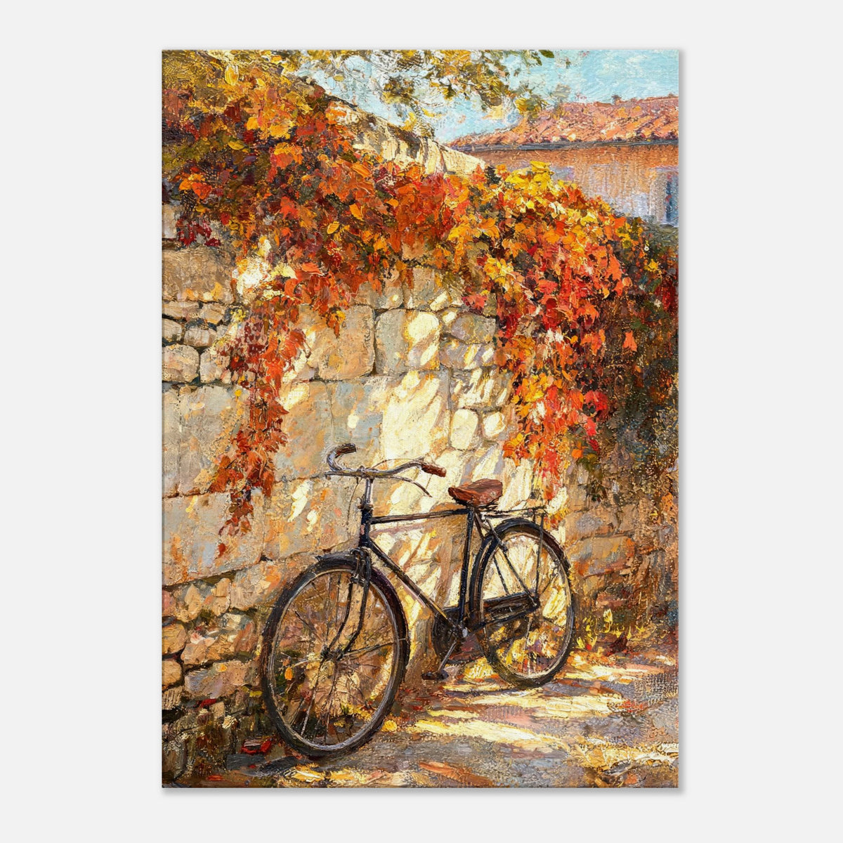 Autumn Vintage Bicycle Stone Wall Impressionist Art Print