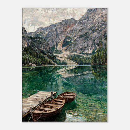 Wooden Boats on Alpine Lake Impressionist Art Print