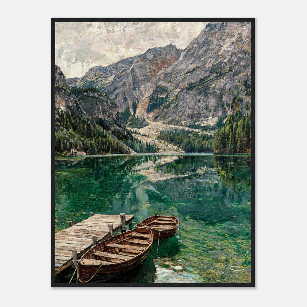 Wooden Boats on Alpine Lake Impressionist Art Print