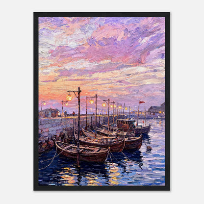 Coastal Harbor Twilight Wooden Boats Impressionist Art Print