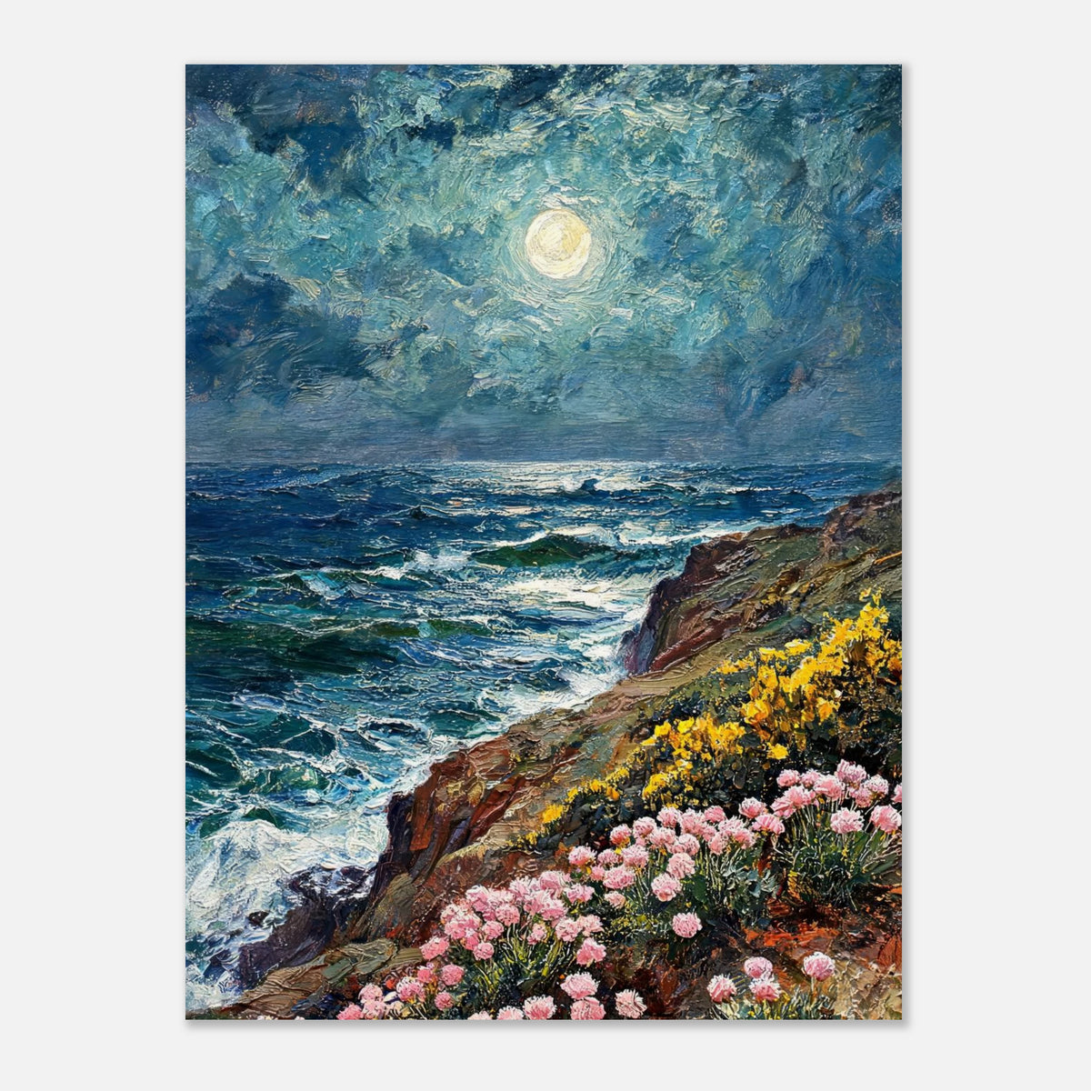 Moonlit Coastal Cliff Flowers Impressionist Art Print