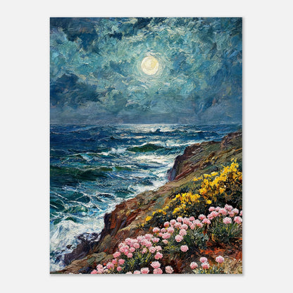 Moonlit Coastal Cliff Flowers Impressionist Art Print