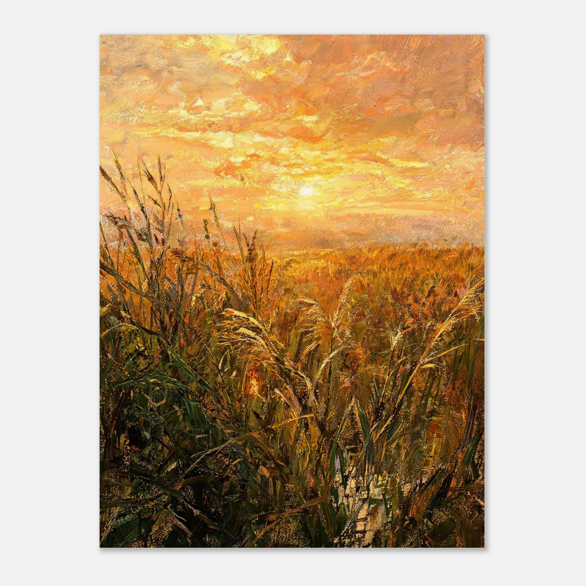 Golden Grass Field at Sunset Impressionist Art Print