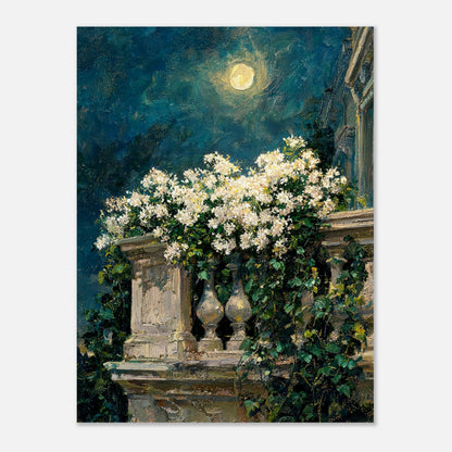 Moonlit White Blossoms Balcony Impressionist Art Print