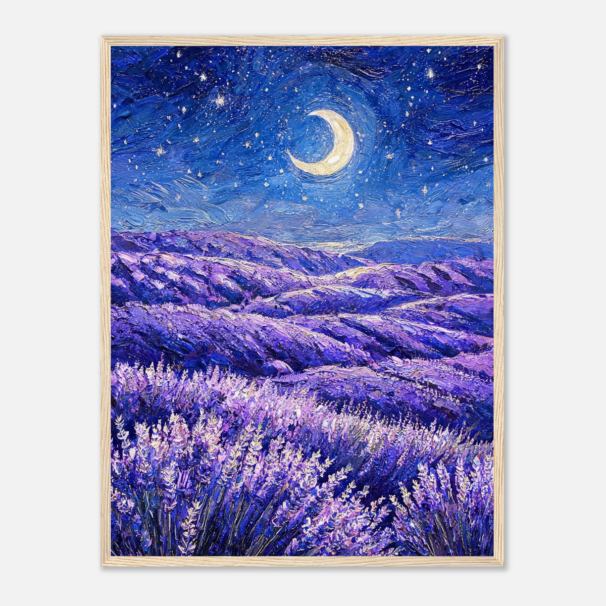 Moonlit Lavender Field at Night Impressionist Art Print