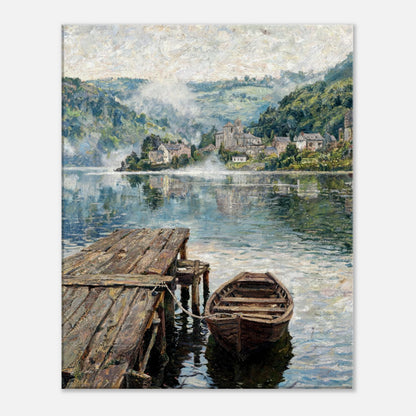 Misty Mountain Lake Wooden Boat Impressionist Art Print