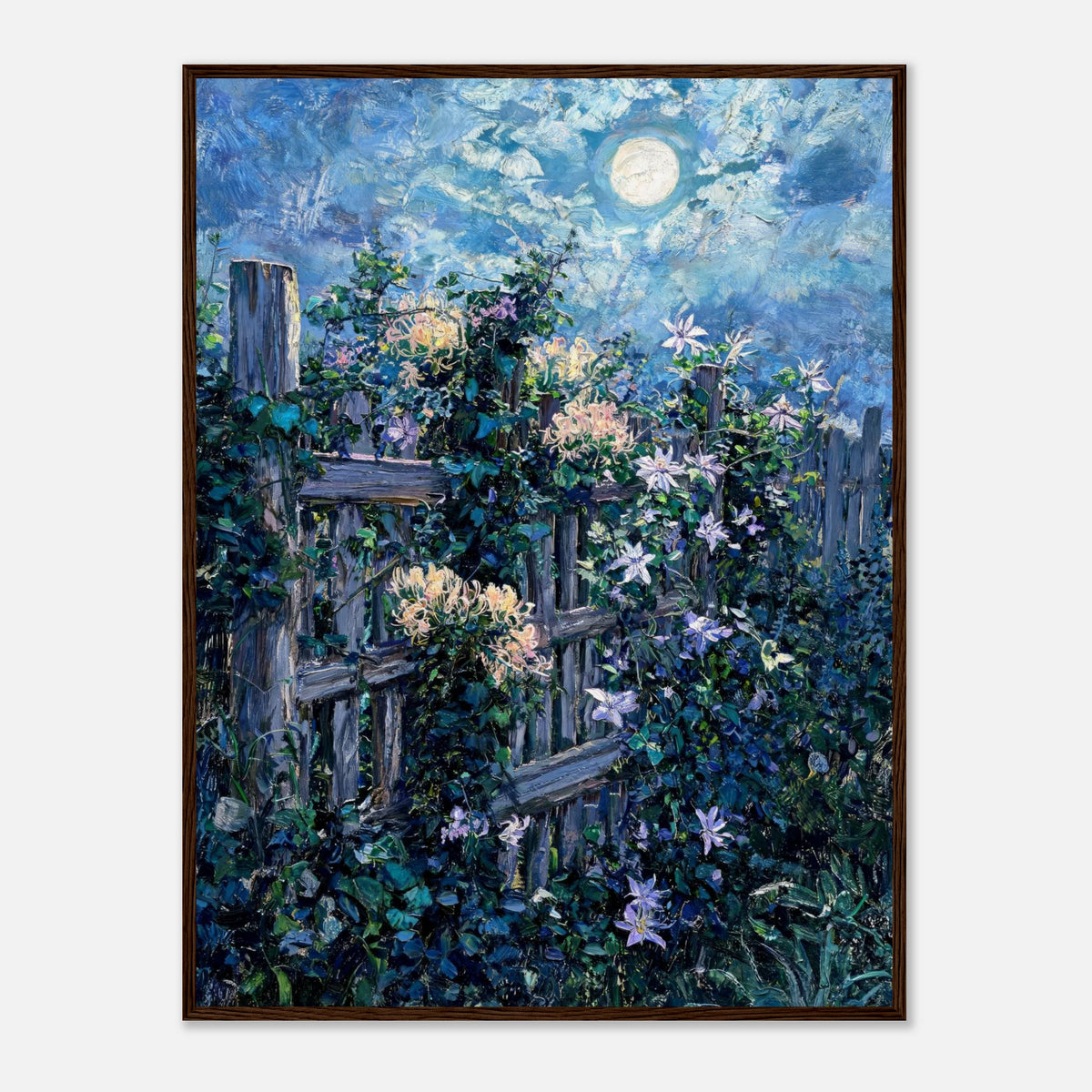 Moonlit Garden Fence Flowers Impressionist Art Print