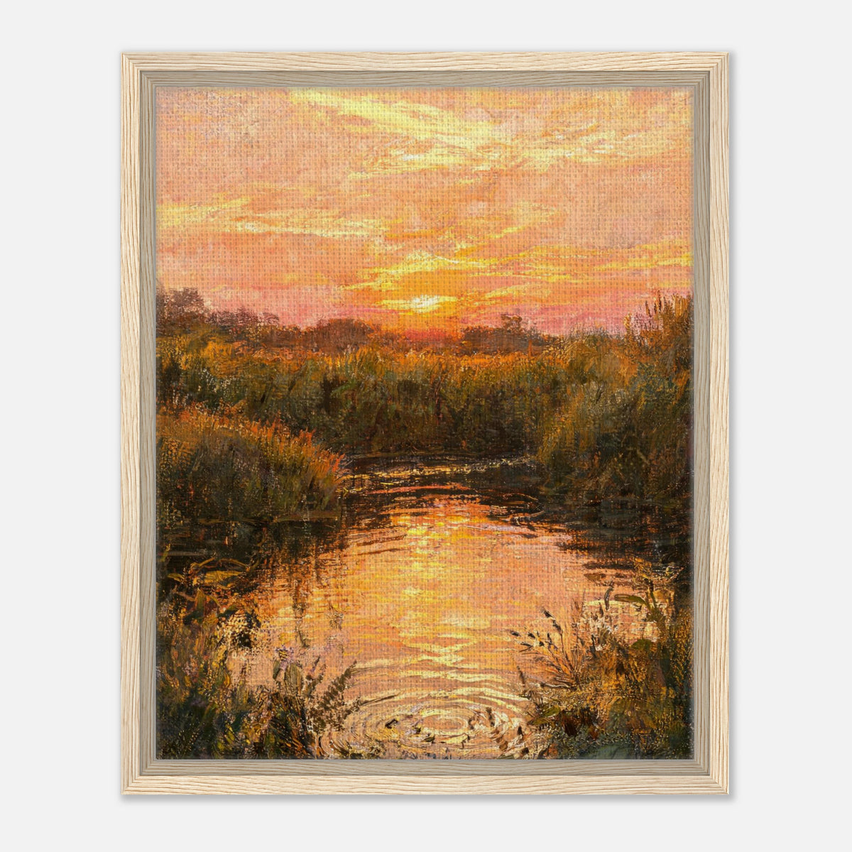 Golden Sunset over River Reflection Impressionist Art Print