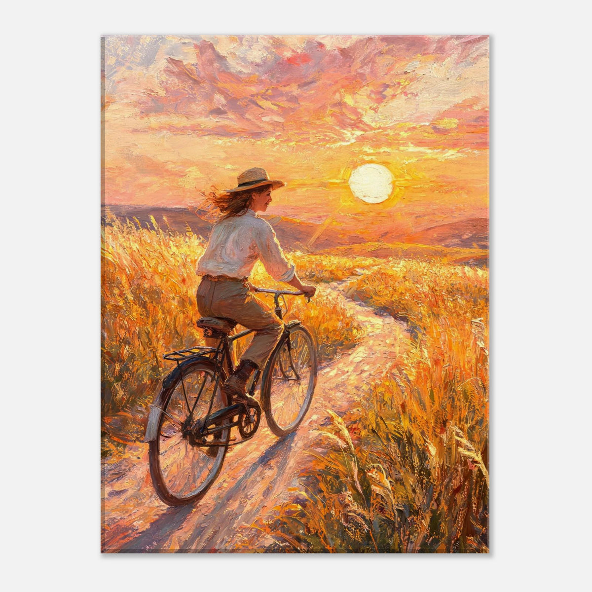 Cycling Through Golden Fields at Sunset Impressionist Art Print