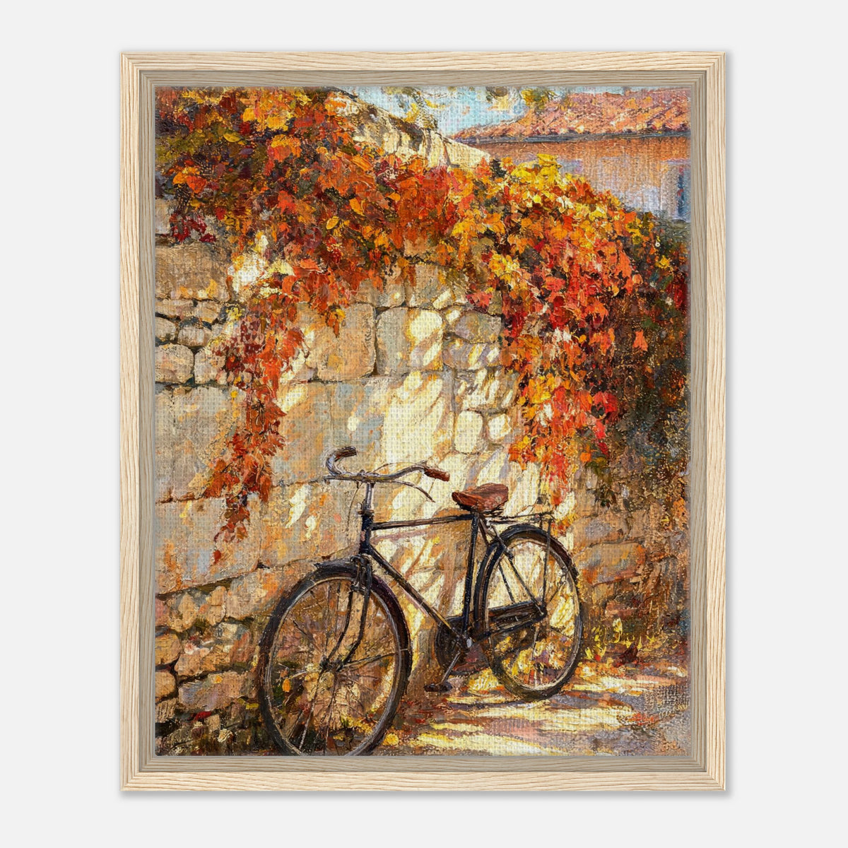 Autumn Vintage Bicycle Stone Wall Impressionist Art Print