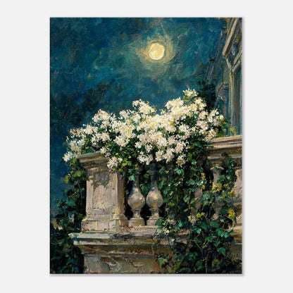 Moonlit White Blossoms Balcony Impressionist Art Print
