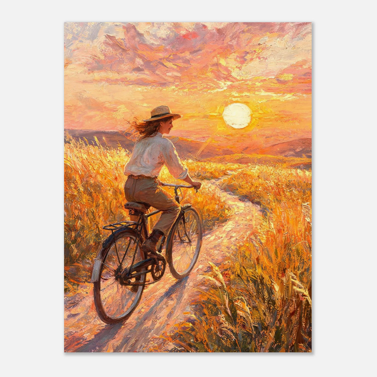 Cycling Through Golden Fields at Sunset Impressionist Art Print