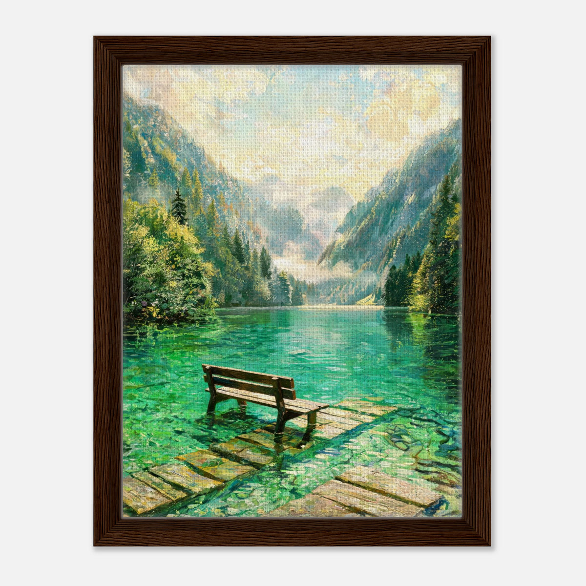 Mountain Lake Pier and Wooden Bench Impressionist Art Print