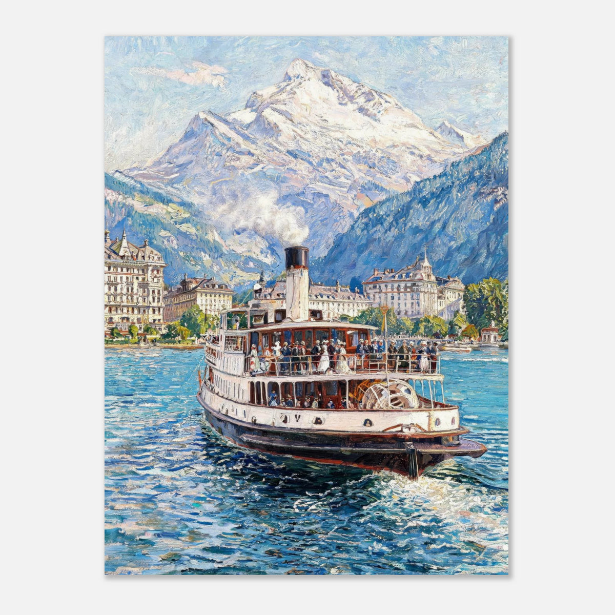 Vintage Steamboat on Alpine Lake Impressionist Art Print