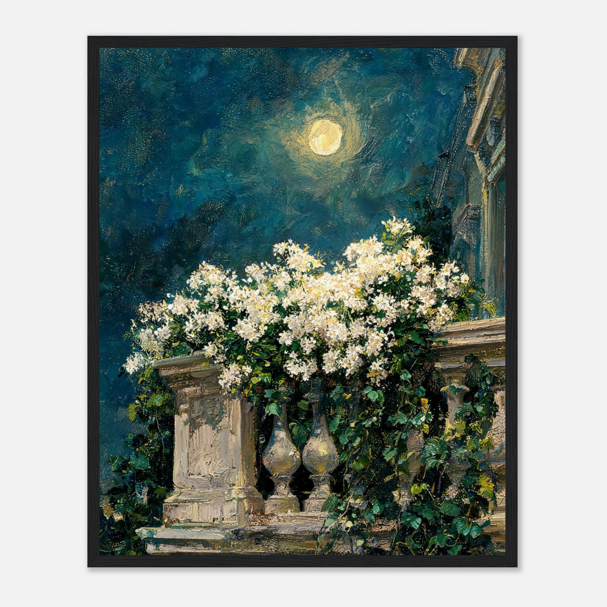 Moonlit White Blossoms Balcony Impressionist Art Print