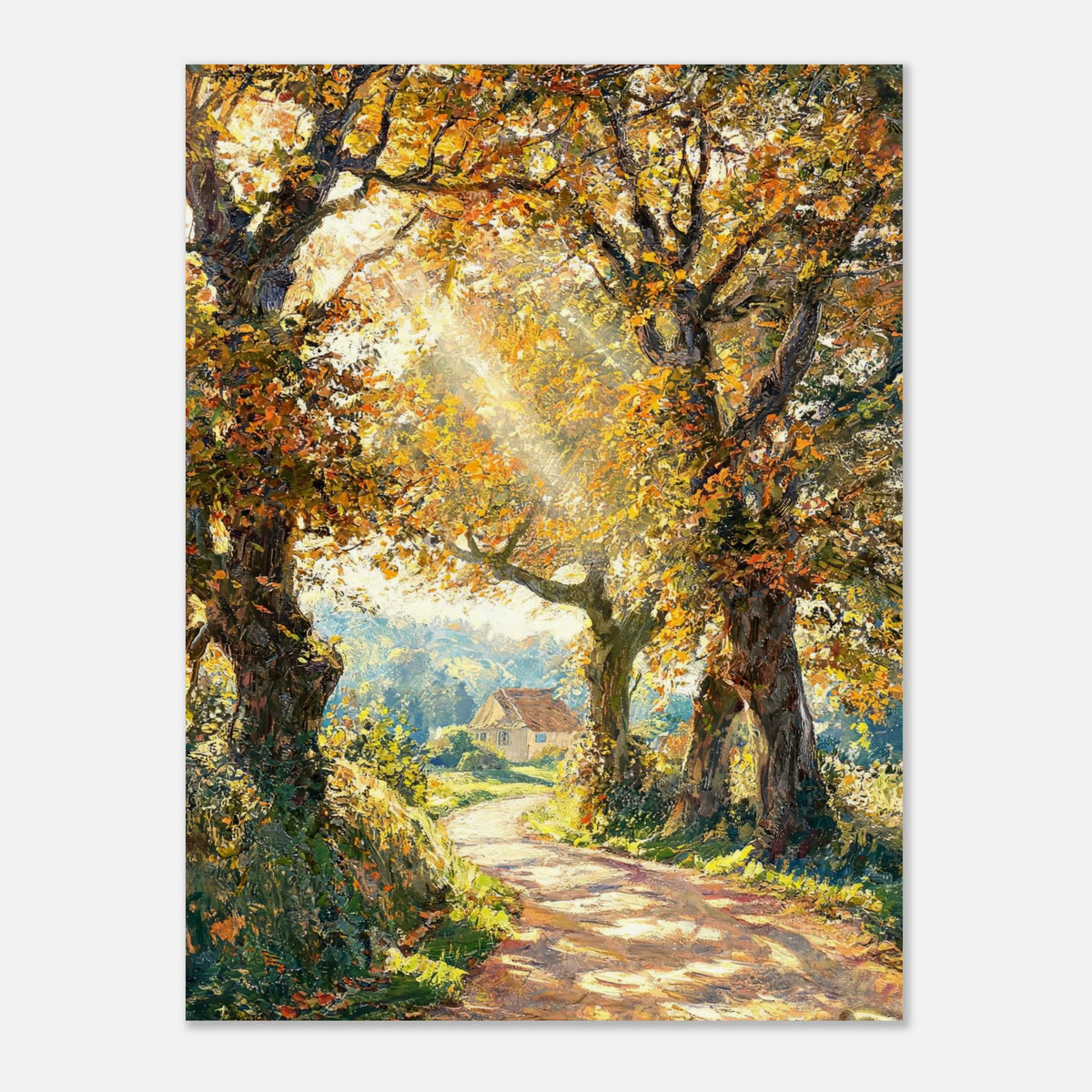 Sunlit Autumn Forest Path Impressionist Art Print
