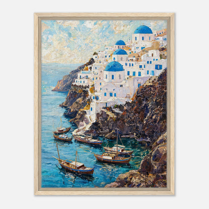 Santorini Cliffside Village & Boats Impressionist Art Print