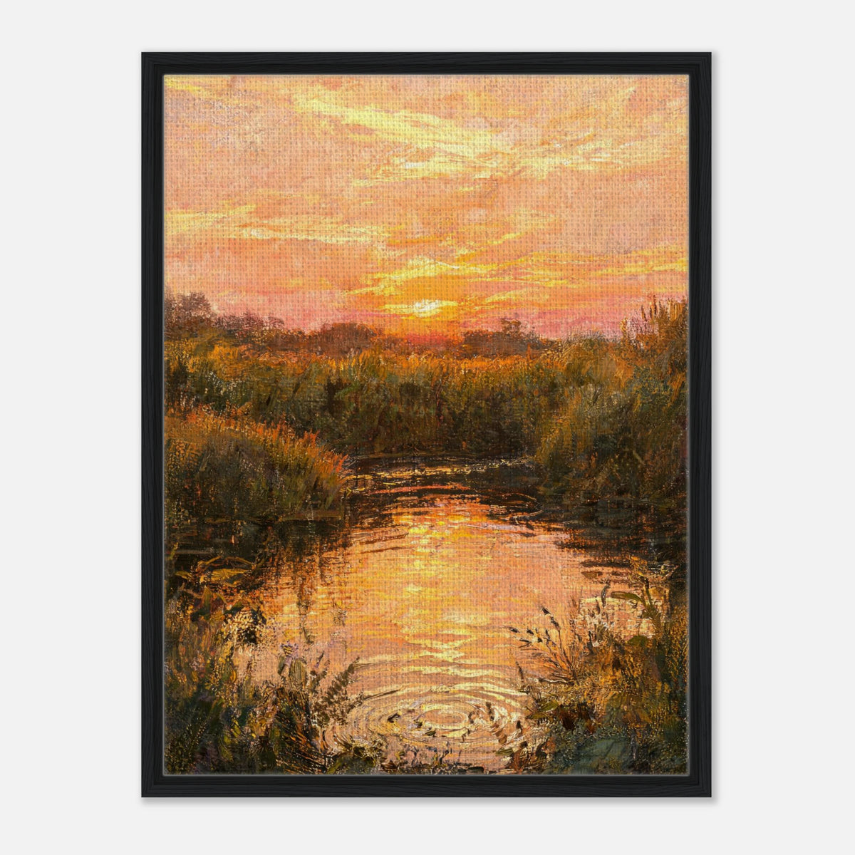 Golden Sunset over River Reflection Impressionist Art Print