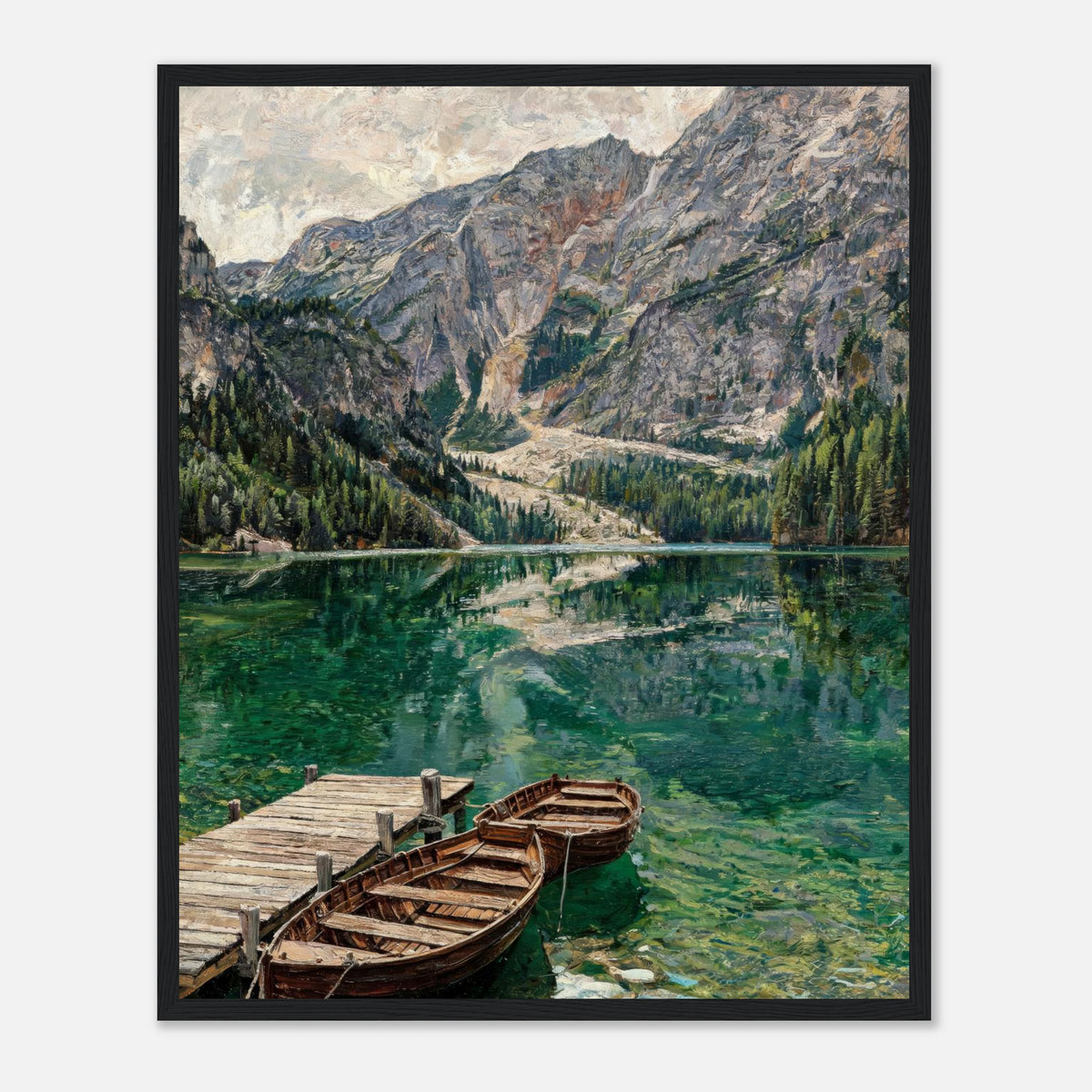 Wooden Boats on Alpine Lake Impressionist Art Print