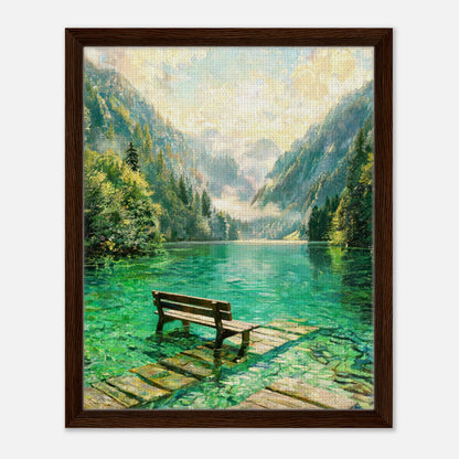 Mountain Lake Pier and Wooden Bench Impressionist Art Print