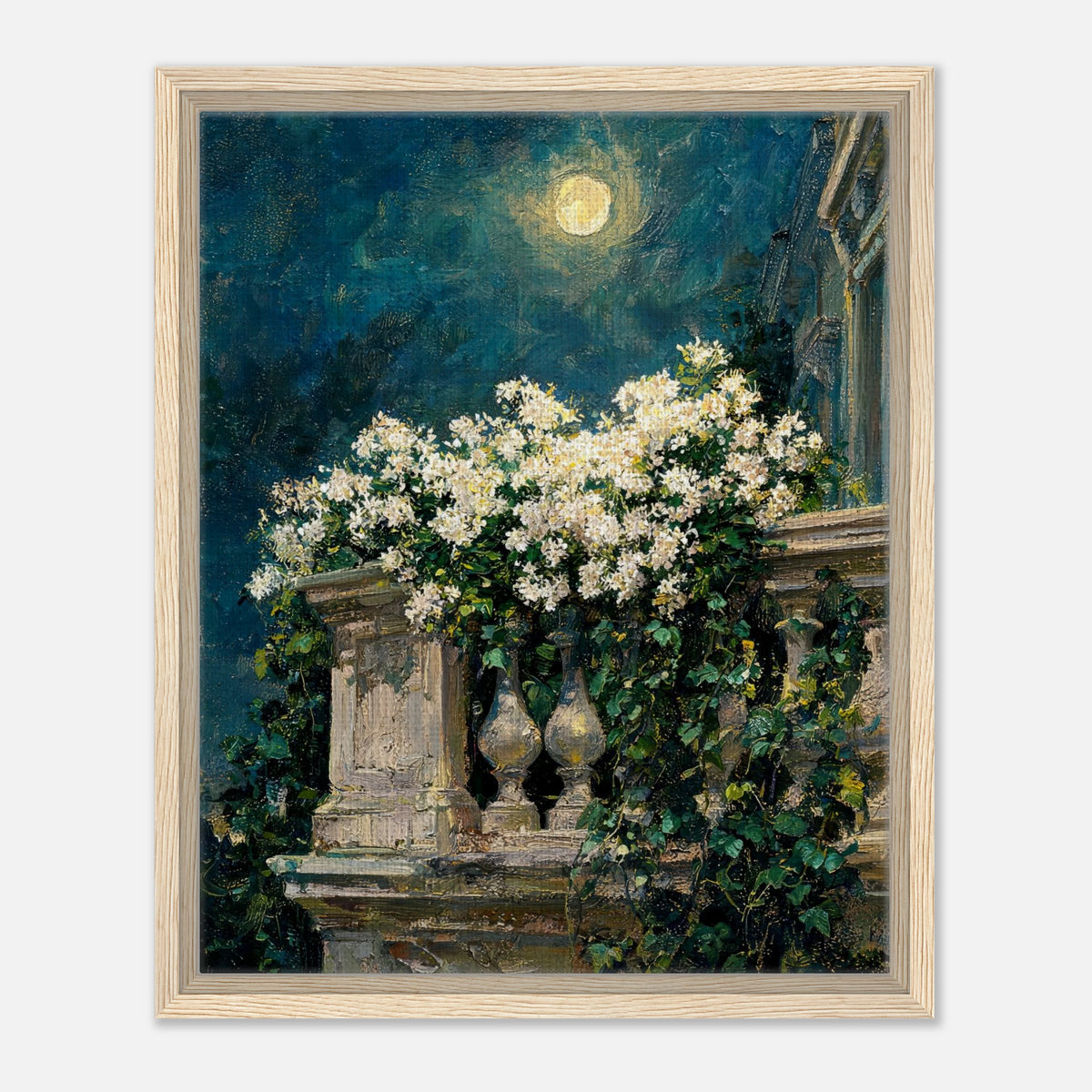 Moonlit White Blossoms Balcony Impressionist Art Print