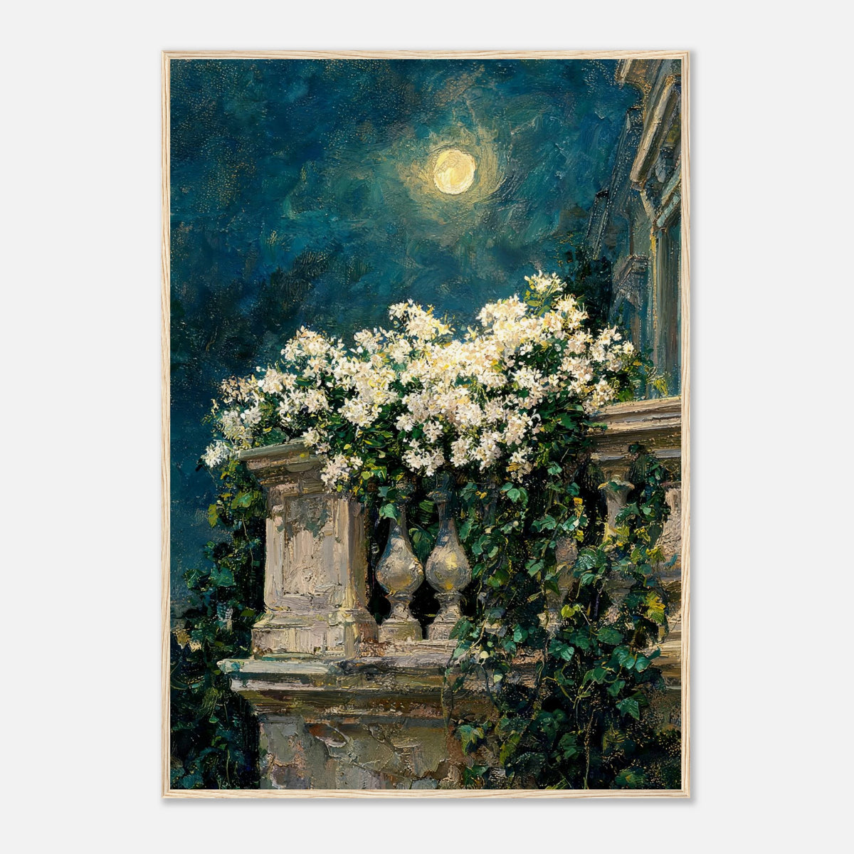 Moonlit White Blossoms Balcony Impressionist Art Print