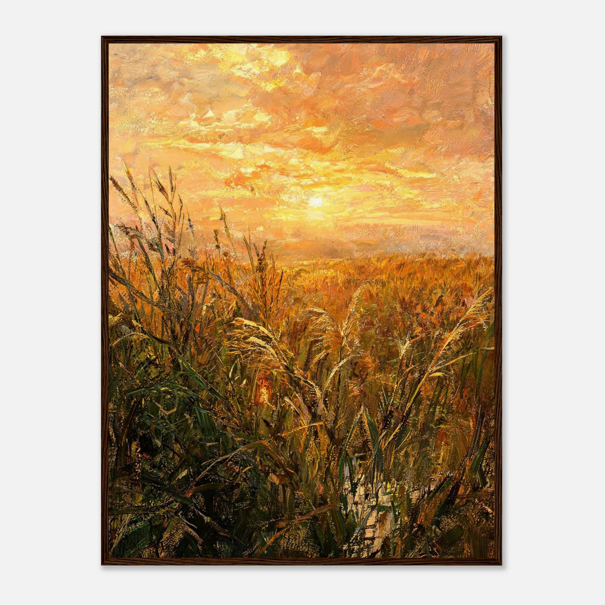Golden Grass Field at Sunset Impressionist Art Print