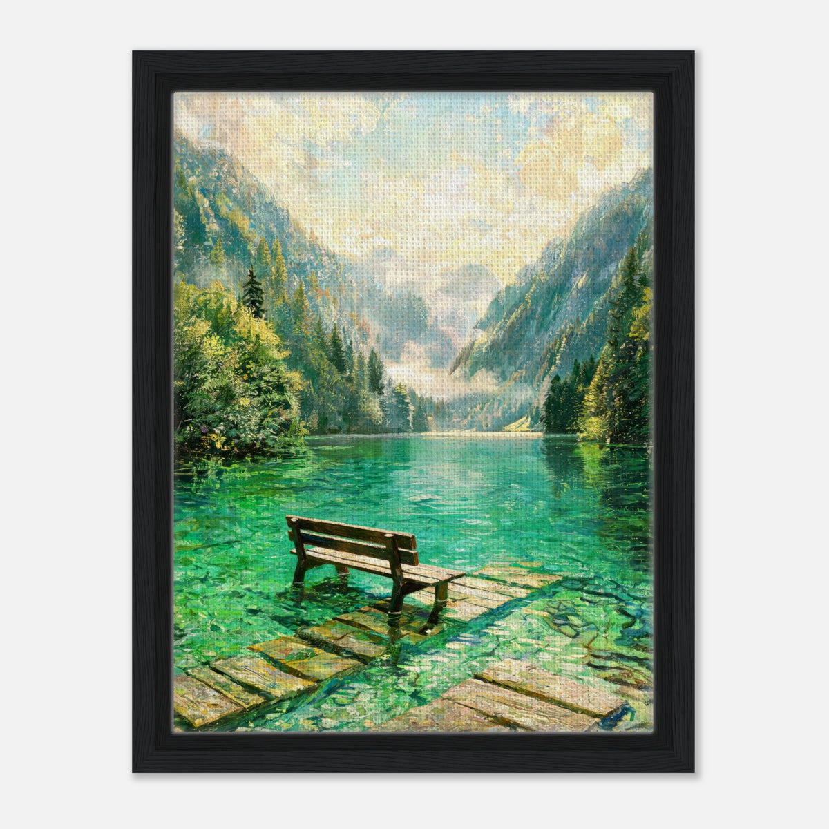 Mountain Lake Pier and Wooden Bench Impressionist Art Print