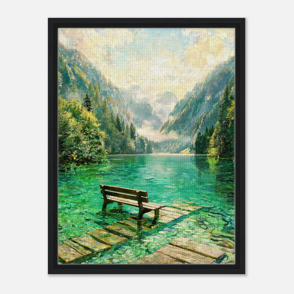 Mountain Lake Pier and Wooden Bench Impressionist Art Print