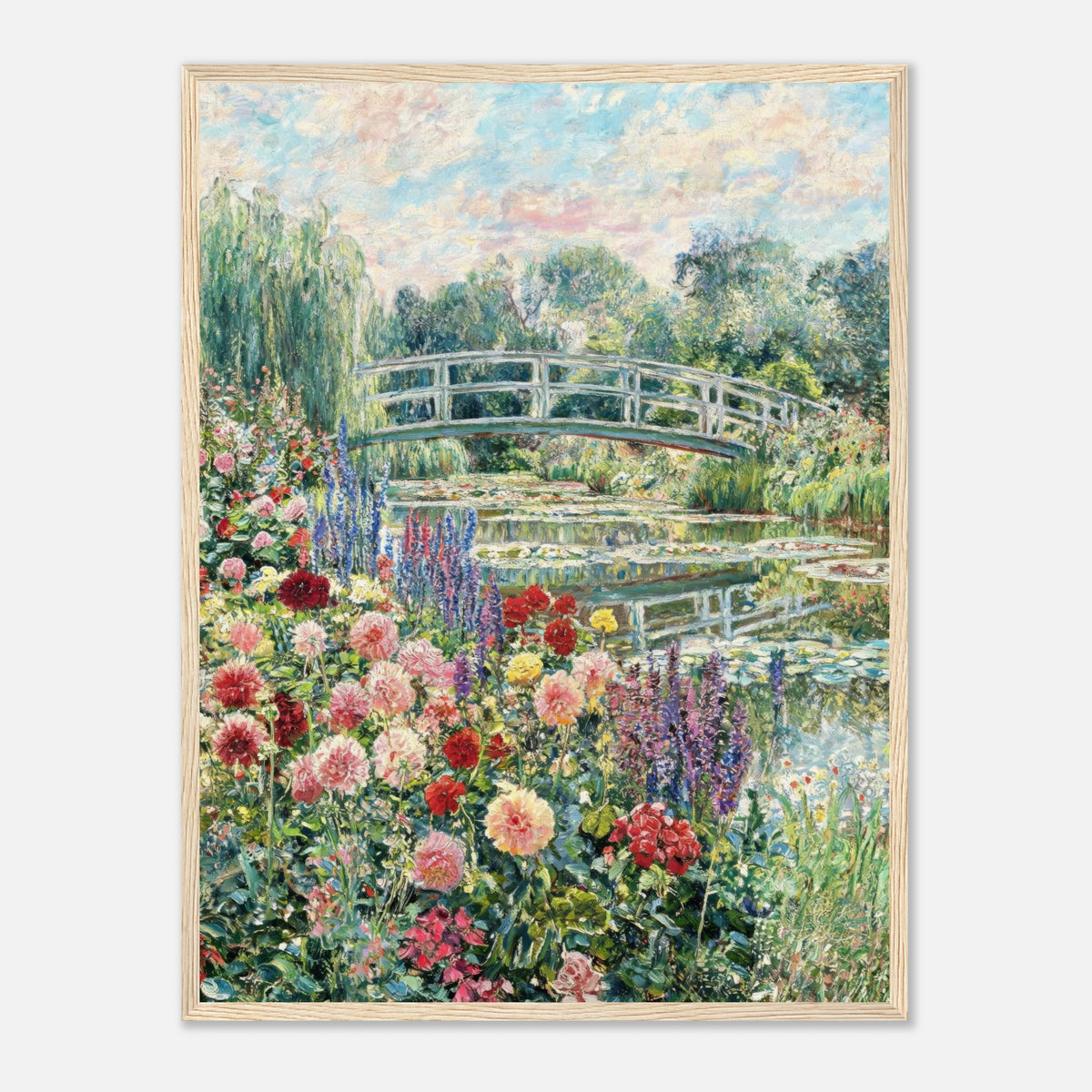 Blooming Summer Garden & Japanese Bridge Impressionist Art Print