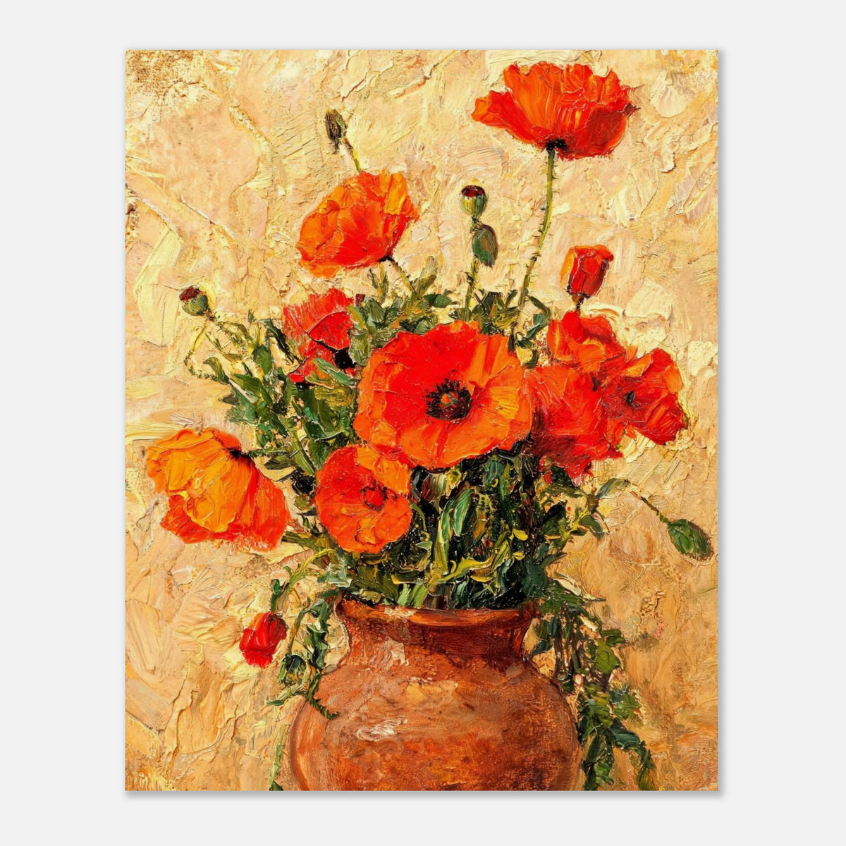 Vibrant Red Poppies in Terracotta Vase Impressionist Art Print