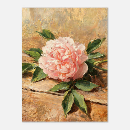 Single Pink Peony on Rustic Wood Impressionist Art Print