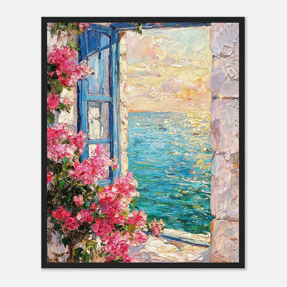 Framed Mediterranean Sea View Through Blue Window Art Print | Floral Seascape Decor