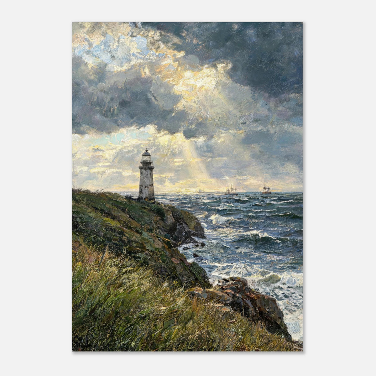 Coastal Lighthouse at Stormy Sunset Impressionist Art Print