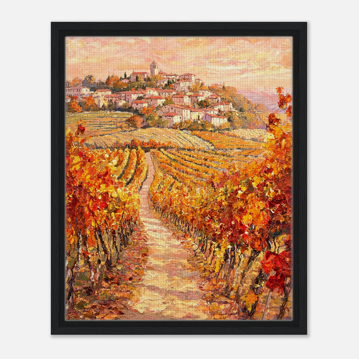 Autumn Vineyard Path Hilltop Village Impressionist Art Print