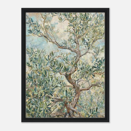Impressionist art print from Vintstep depicting an ancient gnarled olive tree with twisting branches and silvery-green leaves against a soft sunlit sky with textured brushstrokes.