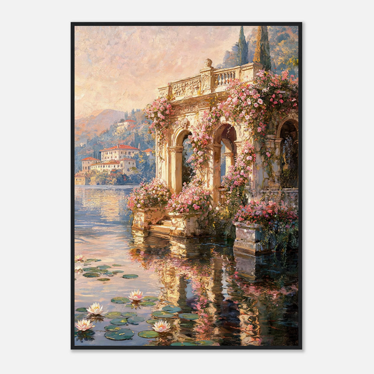 Sunlit Lakeside Villa & Roses Impressionist Art Print
