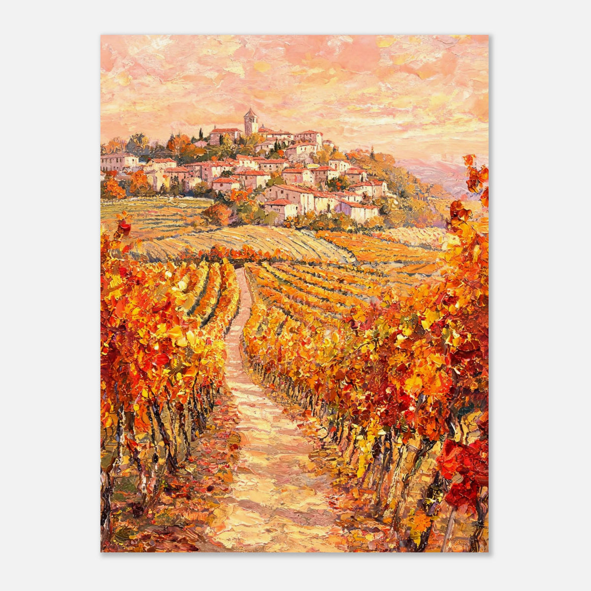 Autumn Vineyard Path Hilltop Village Impressionist Art Print