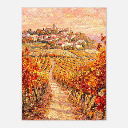 Autumn Vineyard Path Hilltop Village Impressionist Art Print