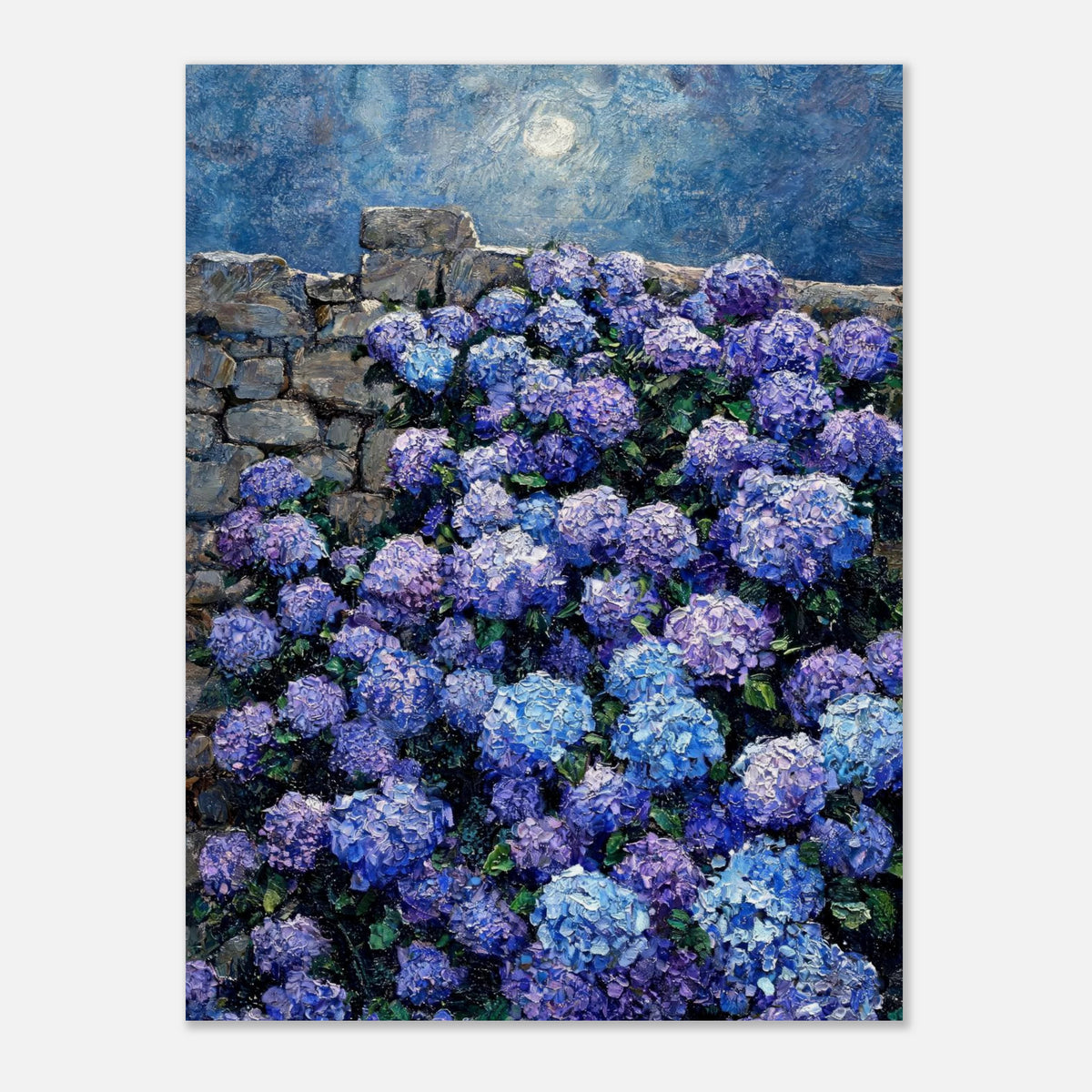 Moonlit Blue Hydrangeas by Stone Wall Impressionist Art Print