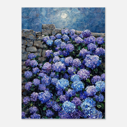 Moonlit Blue Hydrangeas by Stone Wall Impressionist Art Print