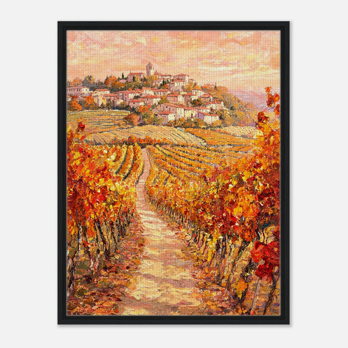 Autumn Vineyard Path Hilltop Village Impressionist Art Print
