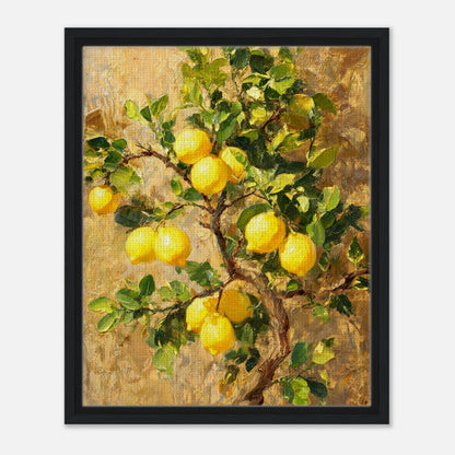 Framed canvas print of an Impressionist lemon tree branch painting mounted in a sleek frame for a polished gallery presentation. Black wood frame.