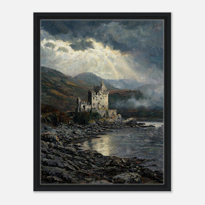 Impressionist art print from Vintstep depicting a historic stone castle by a lakeside with rocky shores, mountains, and dramatic cloudy skies with textured brushstrokes.