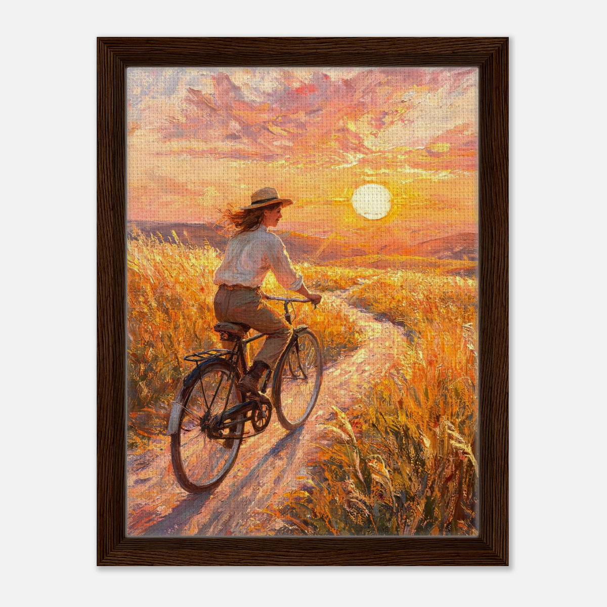 Cycling Through Golden Fields at Sunset Impressionist Art Print