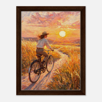 Cycling Through Golden Fields at Sunset Impressionist Art Print