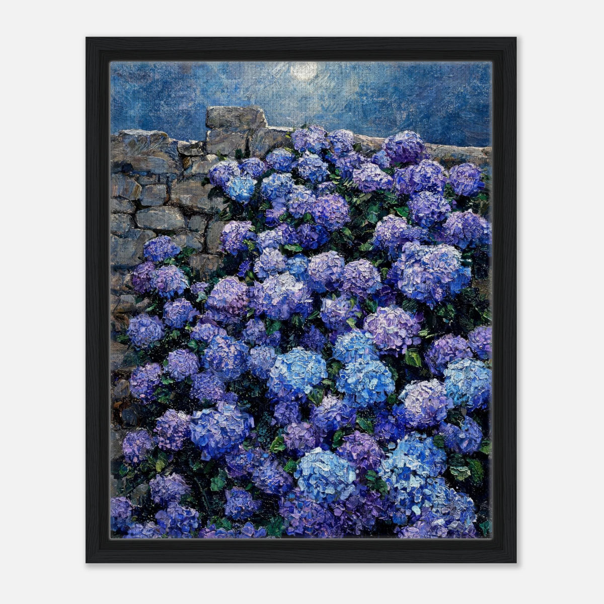 Moonlit Blue Hydrangeas by Stone Wall Impressionist Art Print