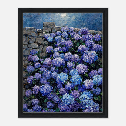 Moonlit Blue Hydrangeas by Stone Wall Impressionist Art Print