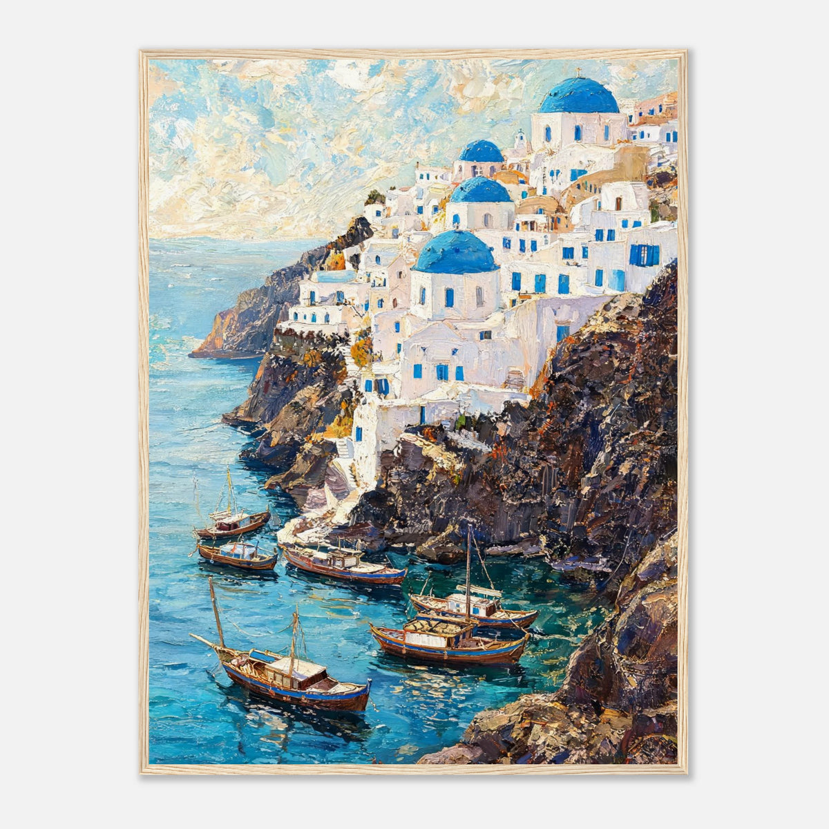 Santorini Cliffside Village & Boats Impressionist Art Print
